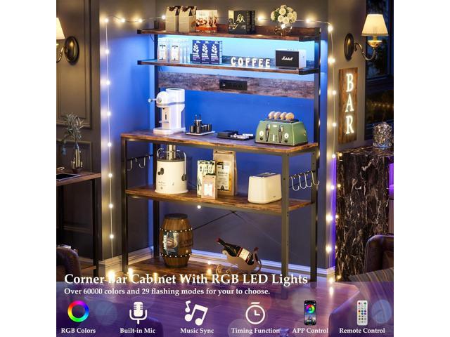 Aheaplus Bakers Rack with Power Outlet, Microwave Stand, 5 Tiers Coffee Bar Station with Led Lights, Kitchen Storage Shelf with 6 S-Shaped Hooks,...