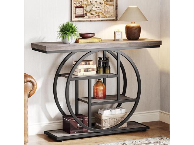 Tribesigns 41.3' Console Table, Industrial 4-Tier Sofa Table Entryway Table with Circle Base, Narrow Wood Accent Tables with Storage Shelves for.