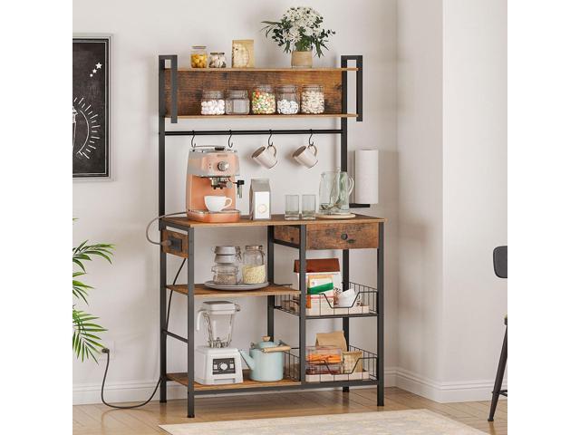 HOOBRO Bakers Rack with 4 AC Power Outlets, 5-Tier Coffee Bar with Wire Basket, Microwave Stand with Paper Holder and Drawer, Kitchen Storage...