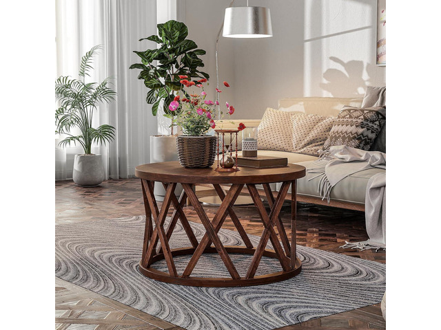 Rustic Farmhouse Coffee Table, Round Coffee Table with X-Motifs Legs, Wood Textured Top, for Boho, French Country Decor, Brown