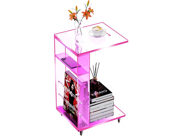 Clear Acrylic Side Table on Lockable Wheels, C Shaped End Table for Sofa, Small Coffee Tables for Small Spaces (Pink)