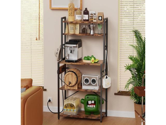 Kitchen Bakers Rack with Power Outlet, 5 Tiers Coffee Bar Table, Kitchen Microwave Stand with 6 S-shaped Hooks, Kitchen Storage Shelf Rack for...