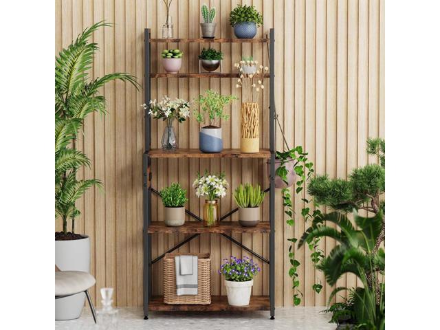 Kitchen Bakers Rack with Power Outlet, 5 Tiers Coffee Bar Table, Kitchen Microwave Stand with 6 S-shaped Hooks, Kitchen Storage Shelf Rack for...