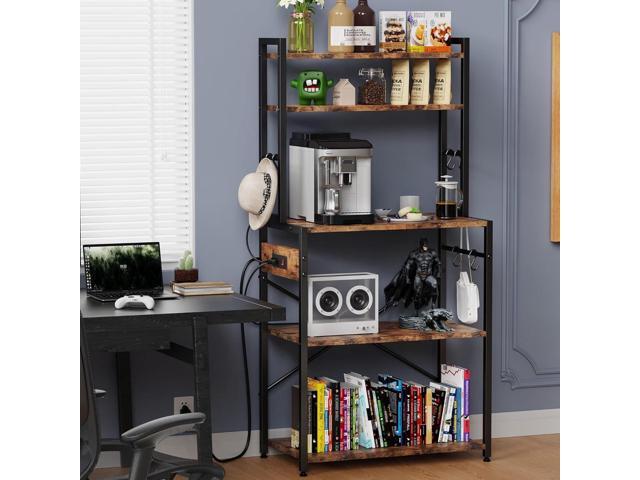 Kitchen Bakers Rack with Power Outlet, 5 Tiers Coffee Bar Table, Kitchen Microwave Stand with 6 S-shaped Hooks, Kitchen Storage Shelf Rack for...