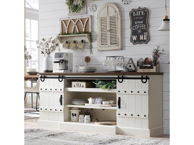OKD 75' Sideboard Buffet Cabinet with Storage, Farmhouse TV Stand w/Sliding Barn Door, Rustic Long Coffee Bar, Large Buffet Table for Dining Room,.
