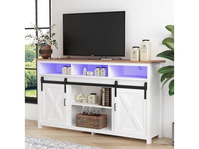 Farmhouse Coffee Bar Cabinet Rustic Sliding Barn Door Storage Cabinet with Power Outlet, Buffet Server Sideboard Cupboard Table for Dining Room.