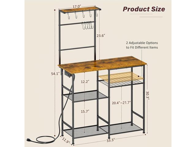 Bakers Rack with Power Outlet, Kitchen Microwave Stand with 10 S-shaped Hooks, 6-Tier Coffee Bar Station, Kitchen Storage Shelf Rack for Spices,...