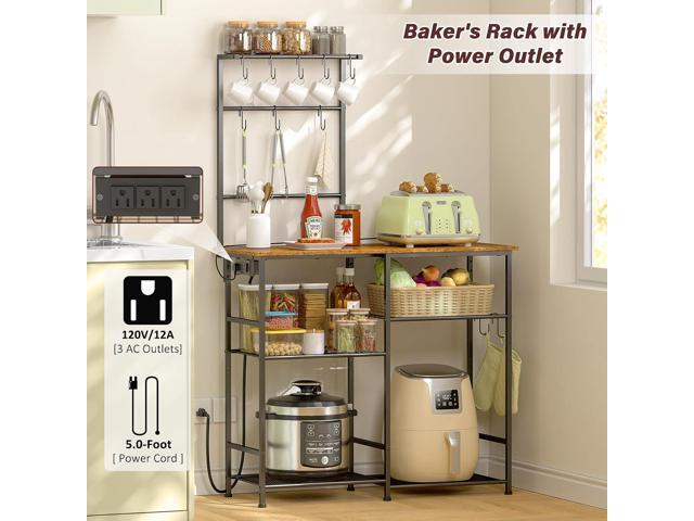 Bakers Rack with Power Outlet, Kitchen Microwave Stand with 10 S-shaped Hooks, 6-Tier Coffee Bar Station, Kitchen Storage Shelf Rack for Spices,...