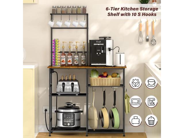 Bakers Rack with Power Outlet, Kitchen Microwave Stand with 10 S-shaped Hooks, 6-Tier Coffee Bar Station, Kitchen Storage Shelf Rack for Spices,...