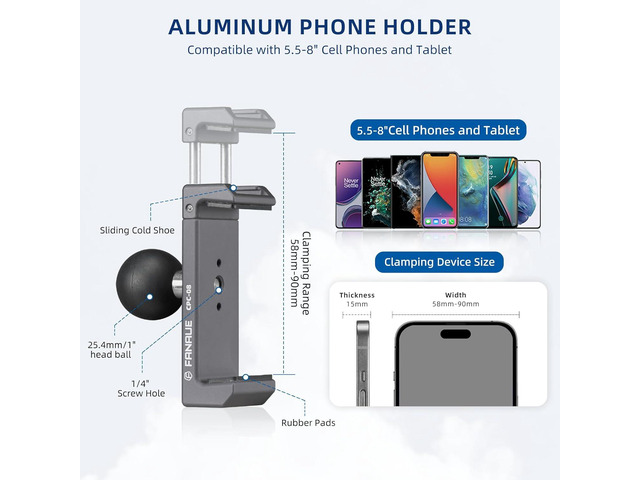 FANAUE Aluminum Phone Holder with 1' Ball Head Adapter Compatible with RAM mounts B Size Double Socket arm (CPC-08)
