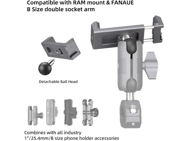 FANAUE Aluminum Phone Holder with 1' Ball Head Adapter Compatible with RAM mounts B Size Double Socket arm (CPC-08)