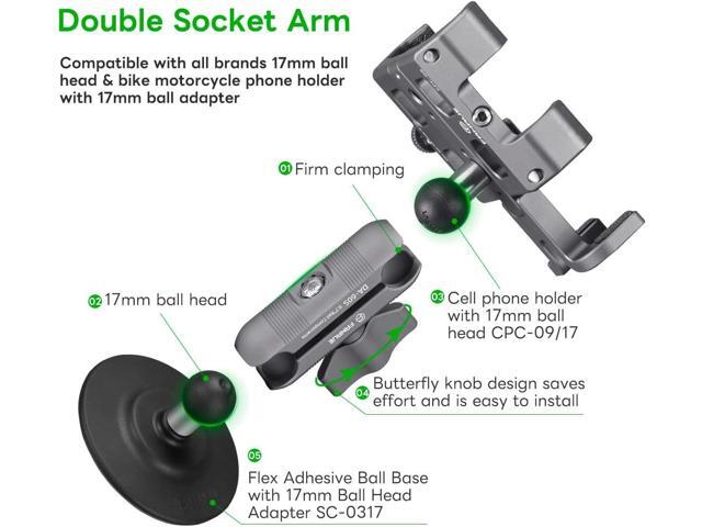 FANAUE Double Socket Arm Connects to 17mm Ball Head Adapter Only, Compatible with Garmin GPS Mount and Bike Motorcycle Phone Holder, Made of...