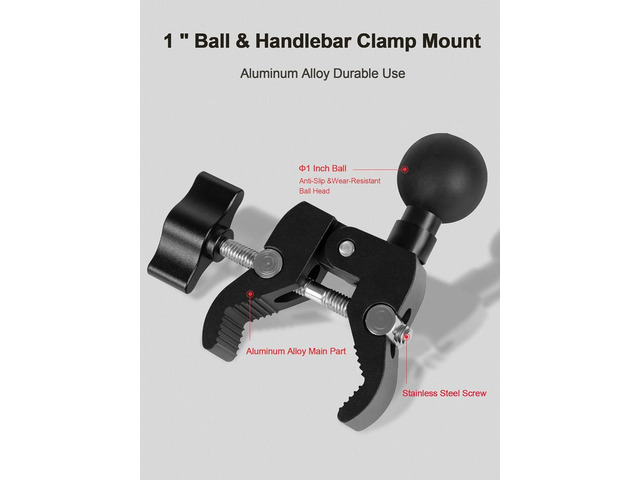 Aluminium Alloy Handlebar Mount Clamp Base with 1' Ball for Rails 0.5' to 2' in Diameter, Versatile Claw Compatible with RAM mounts B Size Double...