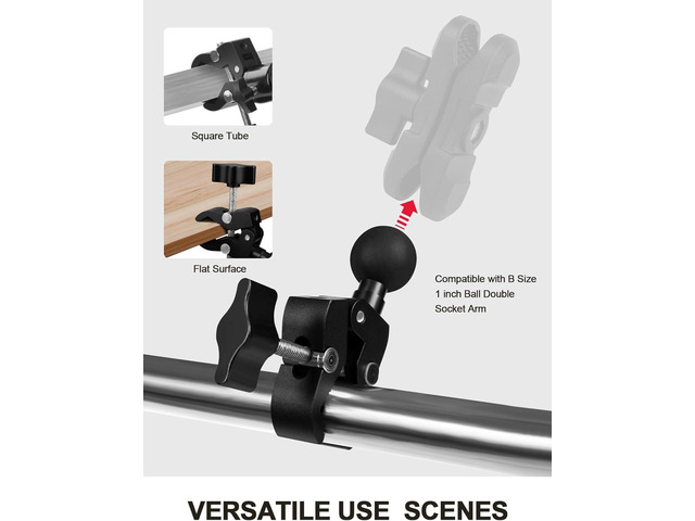 Aluminium Alloy Handlebar Mount Clamp Base with 1' Ball for Rails 0.5' to 2' in Diameter, Versatile Claw Compatible with RAM mounts B Size Double...