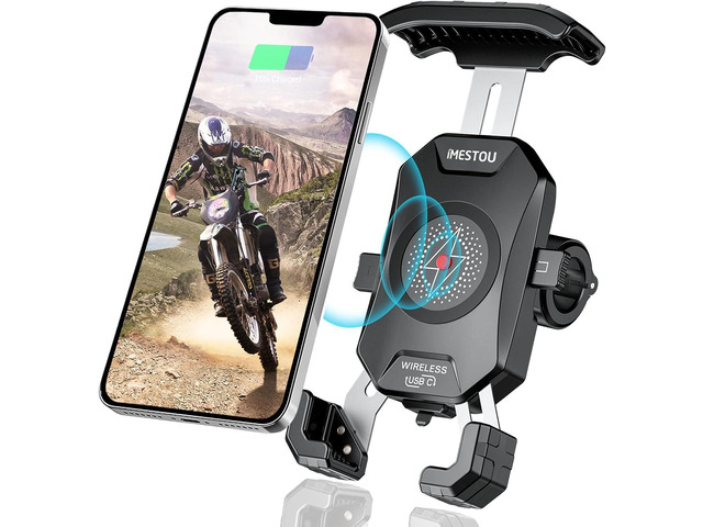 iMESTOU Motorcycle Wireless Phone Mount Charger -Motorcycle USB C 3.0 Phone Holder Qi 15W by Wiring/Plugging to USB A Socket Aluminium Handlebar...
