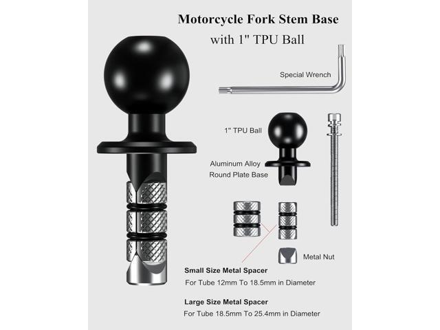 BRCOVAN Metal Motorcycle Fork Stem Mount Base with 1'' TPU Ball for Stem Holes 12mm to 25.4mm in Diameter, Compatible with RAM Mounts B Size 1 Inch...