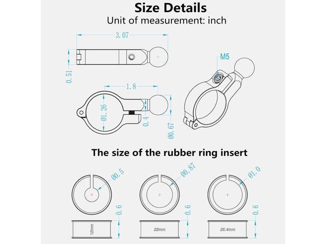 BRCOVAN Aluminum Alloy Handlebar Clamp Mount Base with 17mm TPU Ball for Round Rails Diameter 0.5'' 0.87'' 1'' 1.26''
