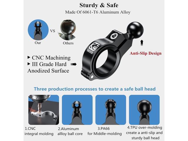 BRCOVAN Aluminum Alloy Handlebar Clamp Mount Base with 17mm TPU Ball for Round Rails Diameter 0.5'' 0.87'' 1'' 1.26''
