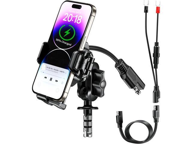 BRCOVAN Motorcycle Fork Stem Phone Mount Holder with Qi 15W Wireless Charger & 36W PD/USB-C Fast Charging Port, Anti-Theft, with Vibration.