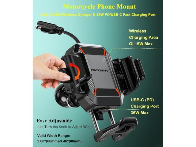 BRCOVAN Motorcycle Phone Mount Handlebar Holder with Qi 15W Wireless Charger & 36W PD/USB C Fast Charging Port, Anti-Theft, with Vibration...