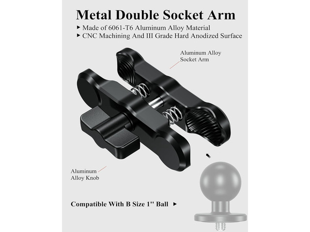 BRCOVAN Aluminum Alloy Double Socket Arm Medium Arm Compatible with RAM Mounts B Size 1' Ball Components, Fit for Bike Motorcycle Phone Mount...