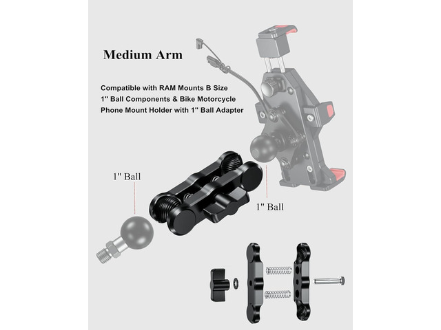 BRCOVAN Aluminum Alloy Double Socket Arm Medium Arm Compatible with RAM Mounts B Size 1' Ball Components, Fit for Bike Motorcycle Phone Mount...