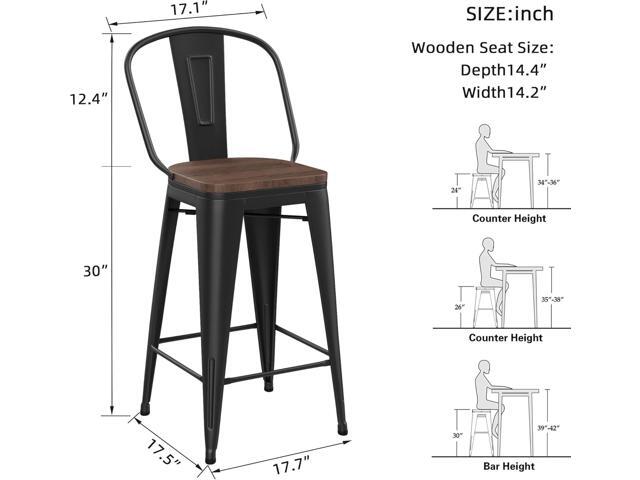 Yongqiang Black Metal Bar Stools Set of 4 Bar Height Stools Kitchen Island Barstools Industrial High Back Bar Chairs with Large Wooden Seat 30 inch