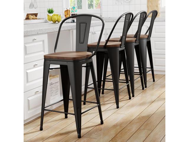 Yongqiang Black Metal Bar Stools Set of 4 Bar Height Stools Kitchen Island Barstools Industrial High Back Bar Chairs with Large Wooden Seat 30 inch