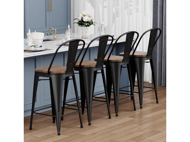 Yongqiang Black Metal Bar Stools Set of 4 Bar Height Stools Kitchen Island Barstools Industrial High Back Bar Chairs with Large Wooden Seat 30 inch