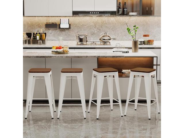 Alunaune 24' Metal Bar Stools Set of 4 Industrial Backless Counter Height Barstools Kitchen Patio Stool Stackable with Wooden Seat- White