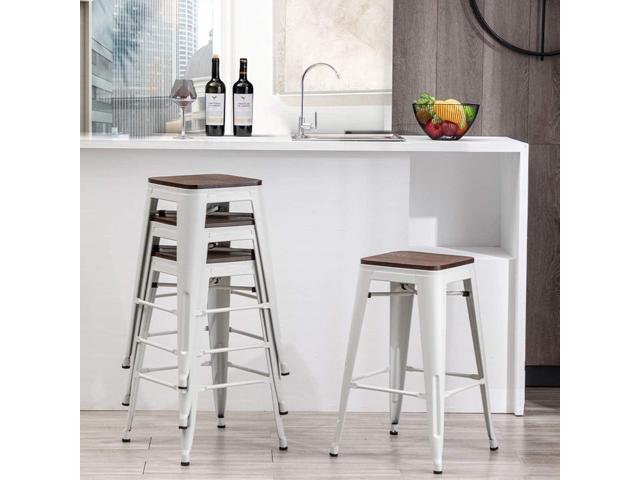Alunaune 24' Metal Bar Stools Set of 4 Industrial Backless Counter Height Barstools Kitchen Patio Stool Stackable with Wooden Seat- White