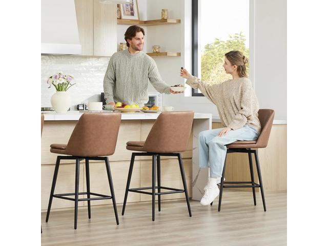CHITA Counter Height Swivel Barstools, FSC Certified Upholstered Faux Leather Bar Stools Set of 3, Metal Base, 27.2' Seat Height, Saddle Brown