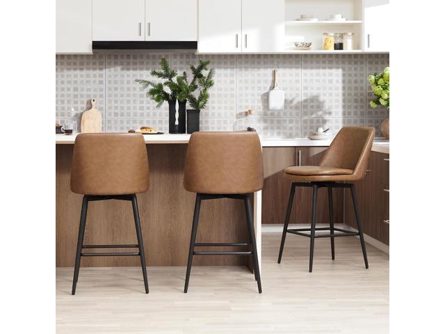 CHITA Counter Height Swivel Barstools, FSC Certified Upholstered Faux Leather Bar Stools Set of 3, Metal Base, 27.2' Seat Height, Saddle Brown