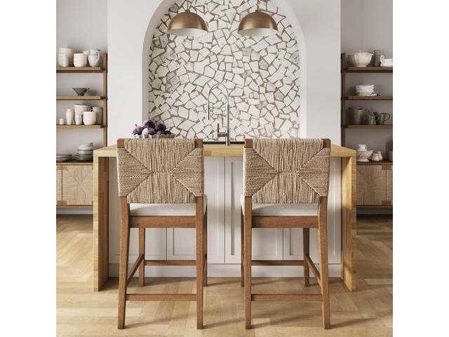 Nathan James Beacon Bohemian Boucle Bar Stool, Upholstered Counter Height Chair with Solid Wood Frame and Woven Seagrass Back for Kitchen Island,...