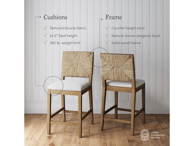 Nathan James Beacon Bohemian Boucle Bar Stool, Upholstered Counter Height Chair with Solid Wood Frame and Woven Seagrass Back for Kitchen Island,...