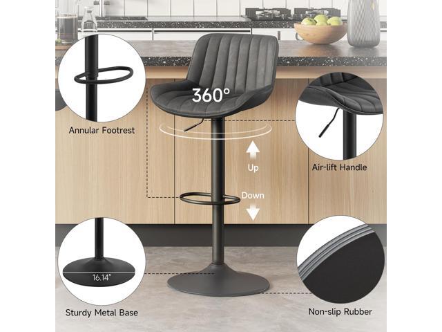 Volans Bar Stools Set of 2, Mid Century Modern Faux Leather Swivel Barstools Adjustable Height, Counter Height Pub Bar Chair with Back, Black...