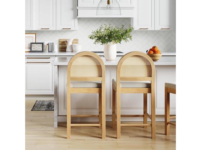 Nathan James Bailey Upholstered Rattan Bar Stool in Oak Finish Frame, Counter Height Stool with Natural Rattan Woven Back For Kitchen Island, Brown