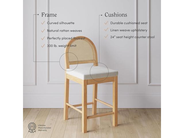 Nathan James Bailey Upholstered Rattan Bar Stool in Oak Finish Frame, Counter Height Stool with Natural Rattan Woven Back For Kitchen Island, Brown