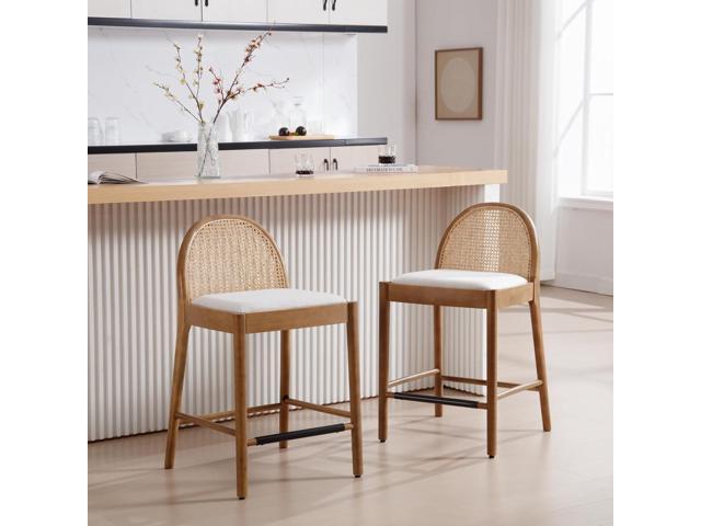 HEAH-YO Rattan Counter Stools Set of 2, 26 Inches Counter Height Bar Stools with Rattan Backs and Wood Legs, Uphlostered Linen Fabric Counter...