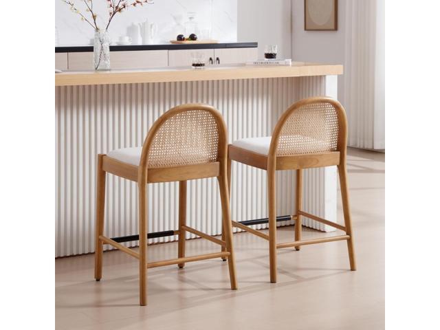HEAH-YO Rattan Counter Stools Set of 2, 26 Inches Counter Height Bar Stools with Rattan Backs and Wood Legs, Uphlostered Linen Fabric Counter...