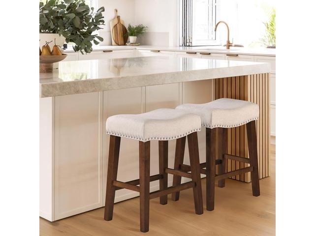 24' Counter Height Bar Stools - Modern Backless Kitchen Island Saddle Barstools Chairs with Footrest, Solid Wood Legs & Nailhead Trim Linen Fabric...