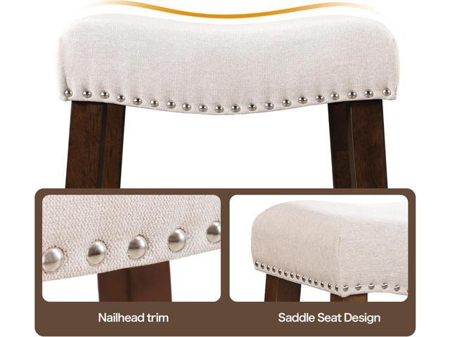 26' Counter Height Bar Stools - Modern Backless Kitchen Island Saddle Barstools Chairs with Footrest, Solid Wood Legs & Nailhead Trim Linen Fabric...