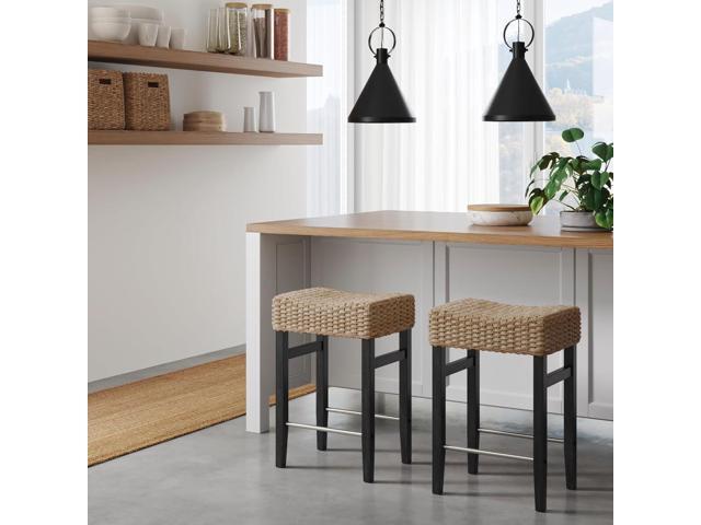 Nathan James Harvey Rattan Bar Stool, Bohemian Counter Height Stool with Woven Seagrass Seat, Solid Wood Legs, and Metal Footrest Seagrass/Brushed...