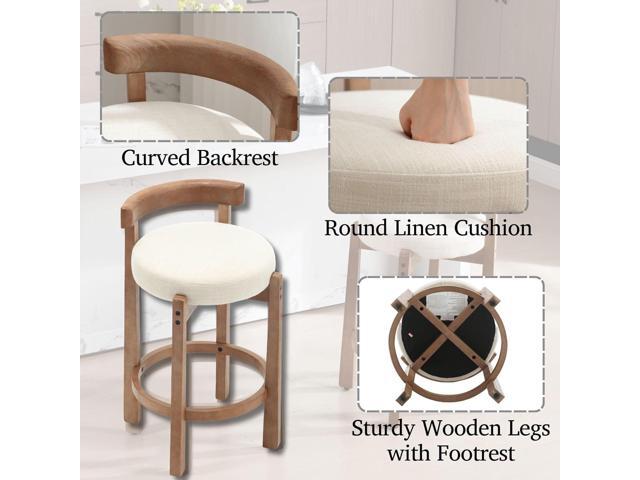 LukeAlon Mid Century Linen Counter Stools Set of 4, Upholstered 26.5 Seat Height Low Barstools with Natural Wood Legs Round Low Back Kitchen Stools...