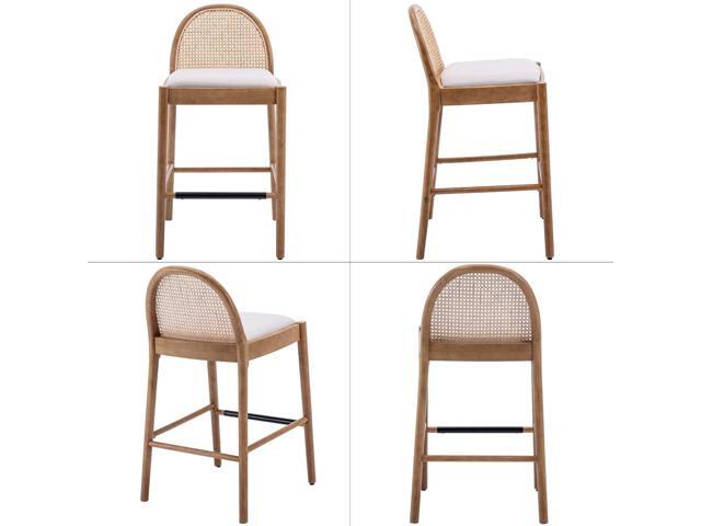 LukeAlon Modern Linen Bar Stools Set of 2, 29' Seat Height Tall Bar Chairs with Wooden Legs Natural Rattan Cane Back Bar Height Counter Stools with...