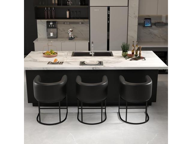 Black Modern Barrel Counter Height Clearance Bar Stools Set of 4, 24 Inch PU Leather Kitchen Barstools with Back for Island, with Black Metal...