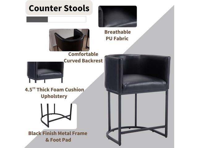 Black Modern Barrel Counter Height Clearance Bar Stools Set of 4, 24 Inch PU Leather Kitchen Barstools with Back for Island, with Black Metal...