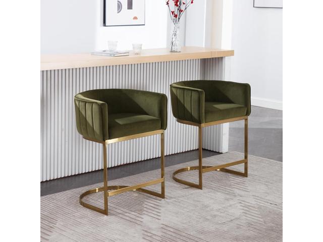 24' Modern Velvet Counter Height Bar Stools Set of 3 for Kitchen Island Comfy Upholstered Barrel Back Stool Chair with Golden Metal Legs for...