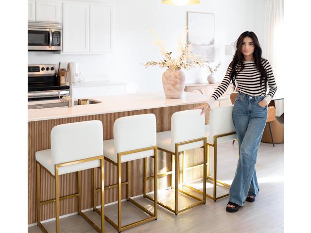 MAISON ARTS Off White & Gold Bar Stools Set of 3, Counter Height 24 Inch Barstools with Back, Modern Faux Leather Upholstered Bar Chairs for...