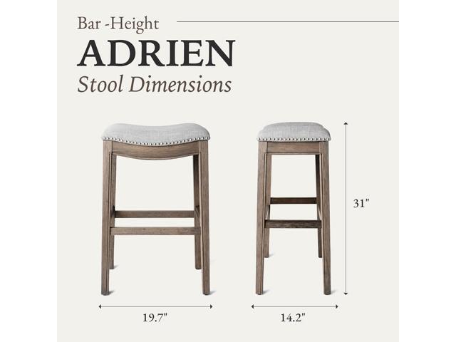 Maven Lane Adrien 31 Inch Bar Height Upholstered Backless Saddle Barstool in Reclaimed Oak Finish with Ash Grey Fabric Cushion Seat, Set of 3